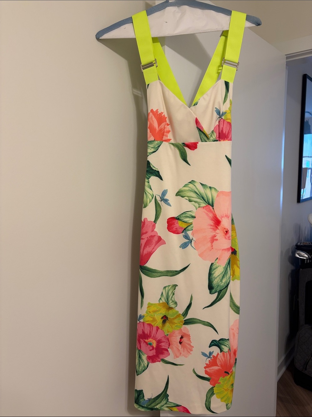 Ted Baker London Cream Floral Midi Dress with Neon Yellow Straps
